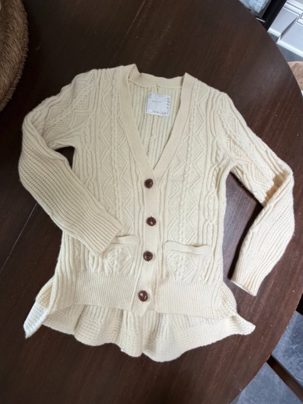 Sacai Cream Color Cable-Knit Wool Peplum Cardigan-Size M